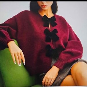 Chic Burgundy Cardigan with Black Bow Details